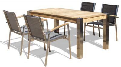 Designer dining table set in stainless steel and teak