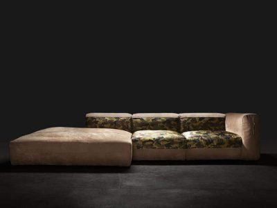 HIgh end designer haut couture sofa in silk camo and leather