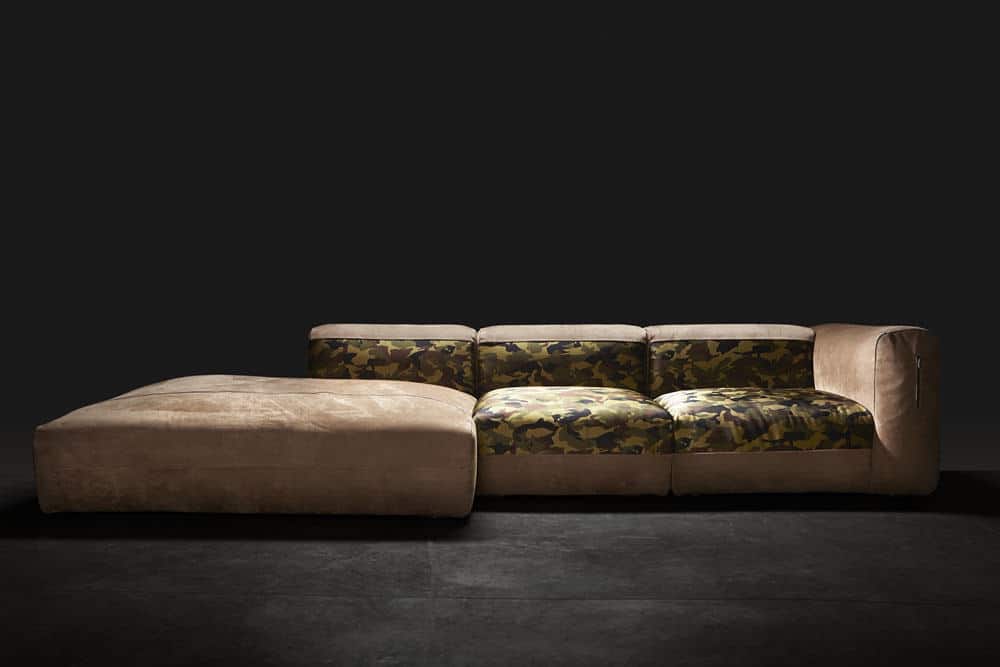 Haute couture sofa with velvet leather and camo silk fabric, only for the select few true luxury homes in Dubai
