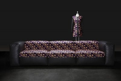 Haute couture designer sofa in silk and leather