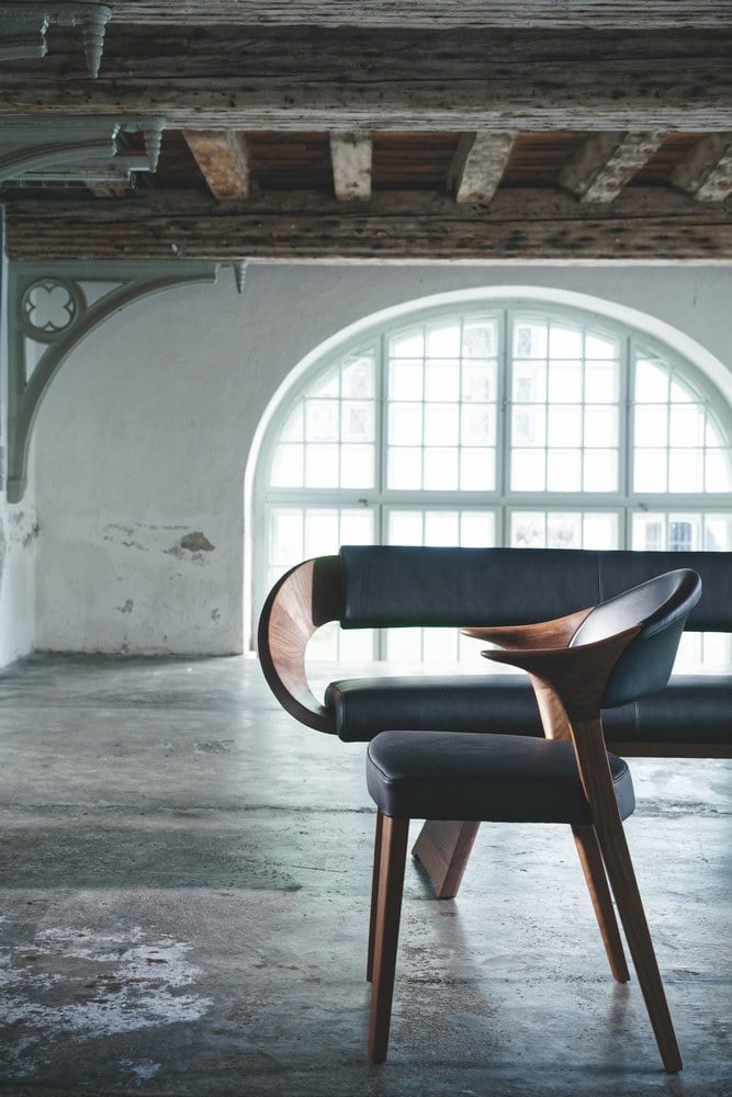 Contemporary design: dining chair and bench in walnut