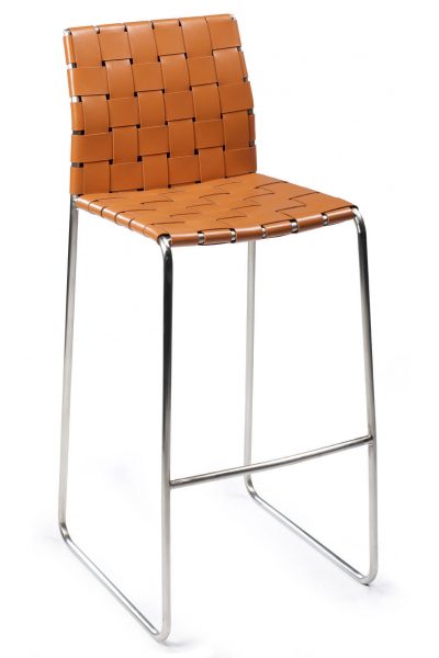Scandinavian designer bar stool in orange woven leather
