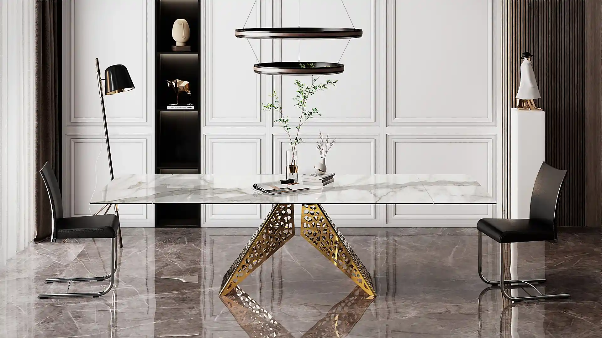 Coliseum table in Calacata ceramic and gold metal finish