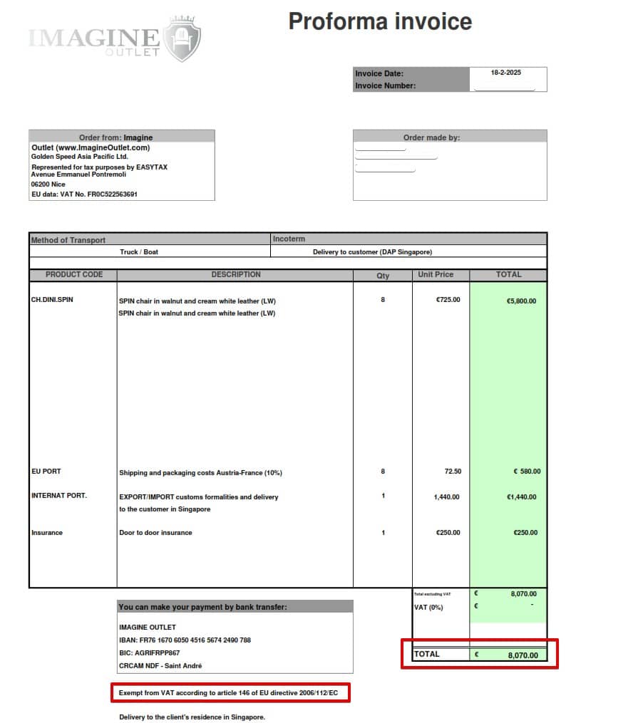 Commercial invoice for import of European furniture to Singapore