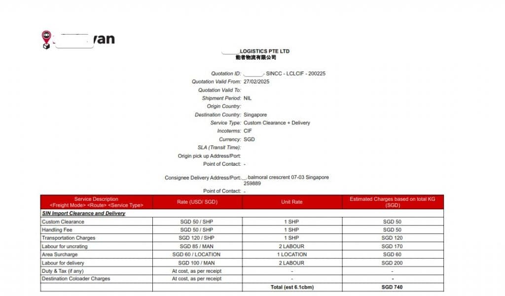 Customs clearance and Local delivery to Singapore address from seaport freight zone