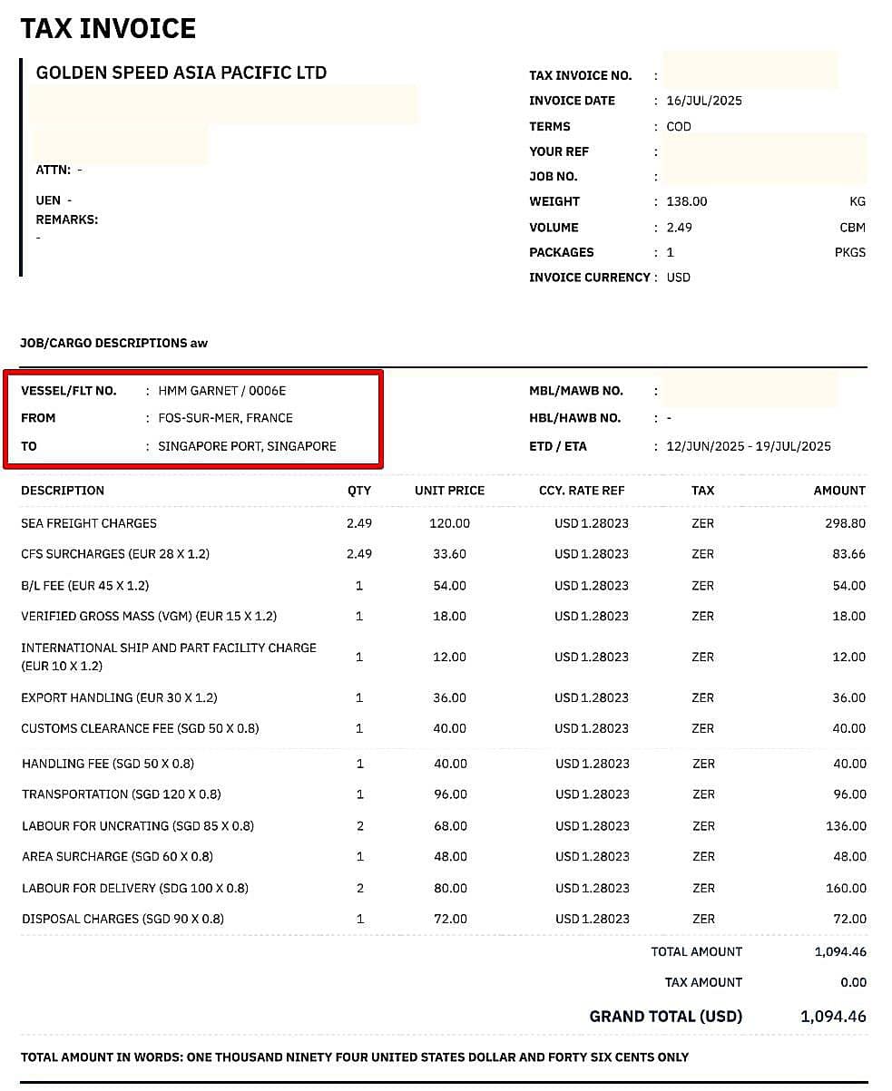 Logistics costs invoice for transport of furniture from Europe to Singapore