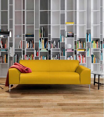Yellow leather designer corner sofa made in France