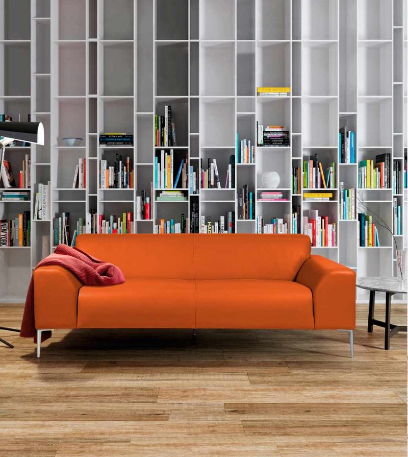 Orange leather designer corner sofa made in France