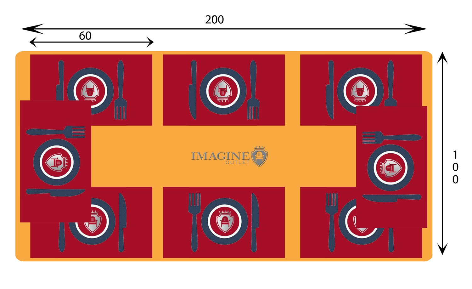 Rectangular table 200 cm in diameter with 8 guests (60x35 per guest)