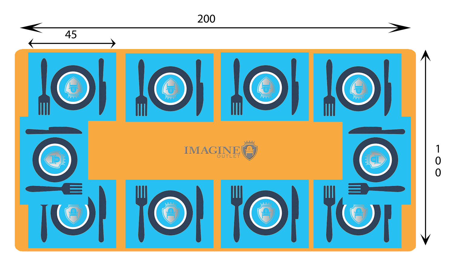 Rectangular table 200 cm in diameter with 10 guests (45x35 per guest)
