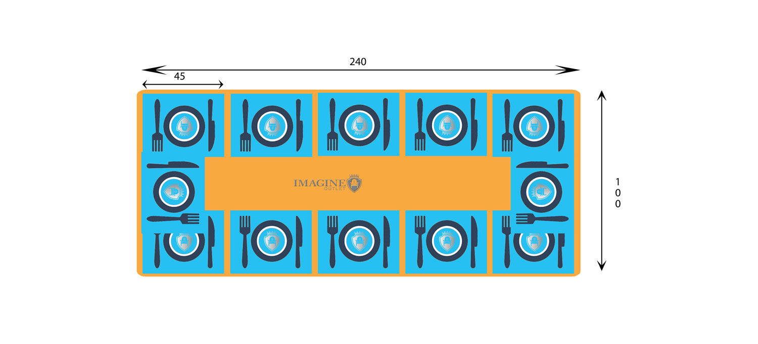 Rectangular table 240 cm in diameter with 12 guests (45x35 per guest)