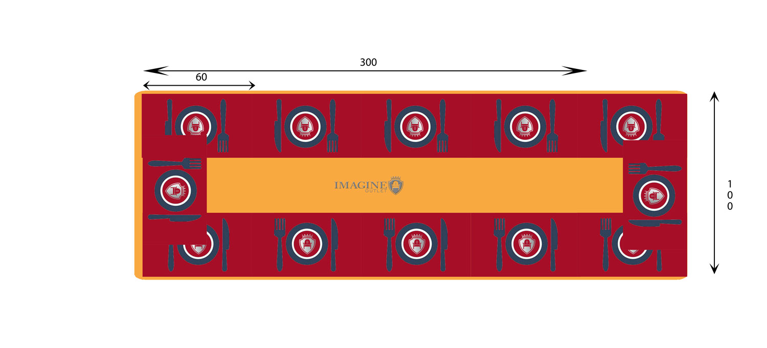Rectangular table 300 cm in diameter with 12 guests (60x35 per guest)