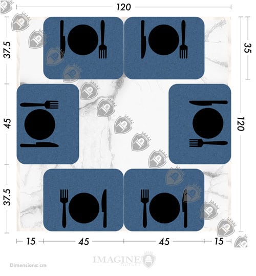How many guests square table 120x120 cm? Square table 120x120 cm with 6 people 45x35 cm per guest