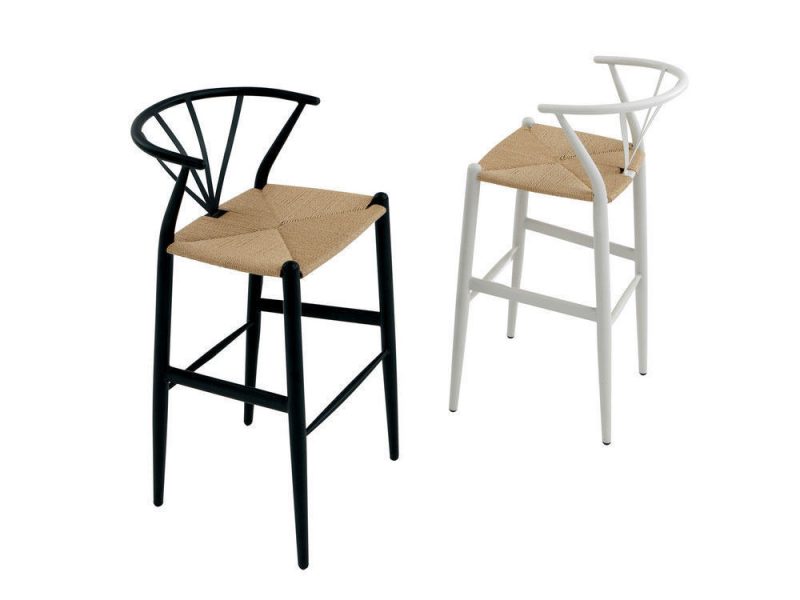 Danish designer bar stool in metal and woven rattan seat