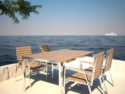 Designer outdoor table and chairs in teak and stainless steel